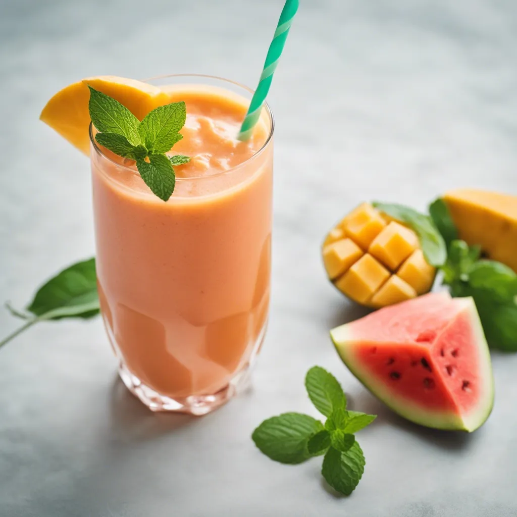 A smooth glass of Mango Watermelon smoothie garnished with fresh mint on a blue backdrop.