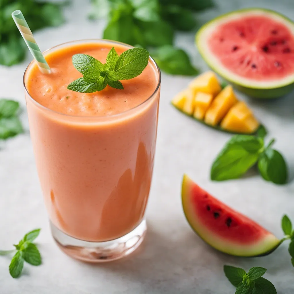 A charming glass of Mango Watermelon smoothie, crowned with fresh mint, waiting to be enjoyed.