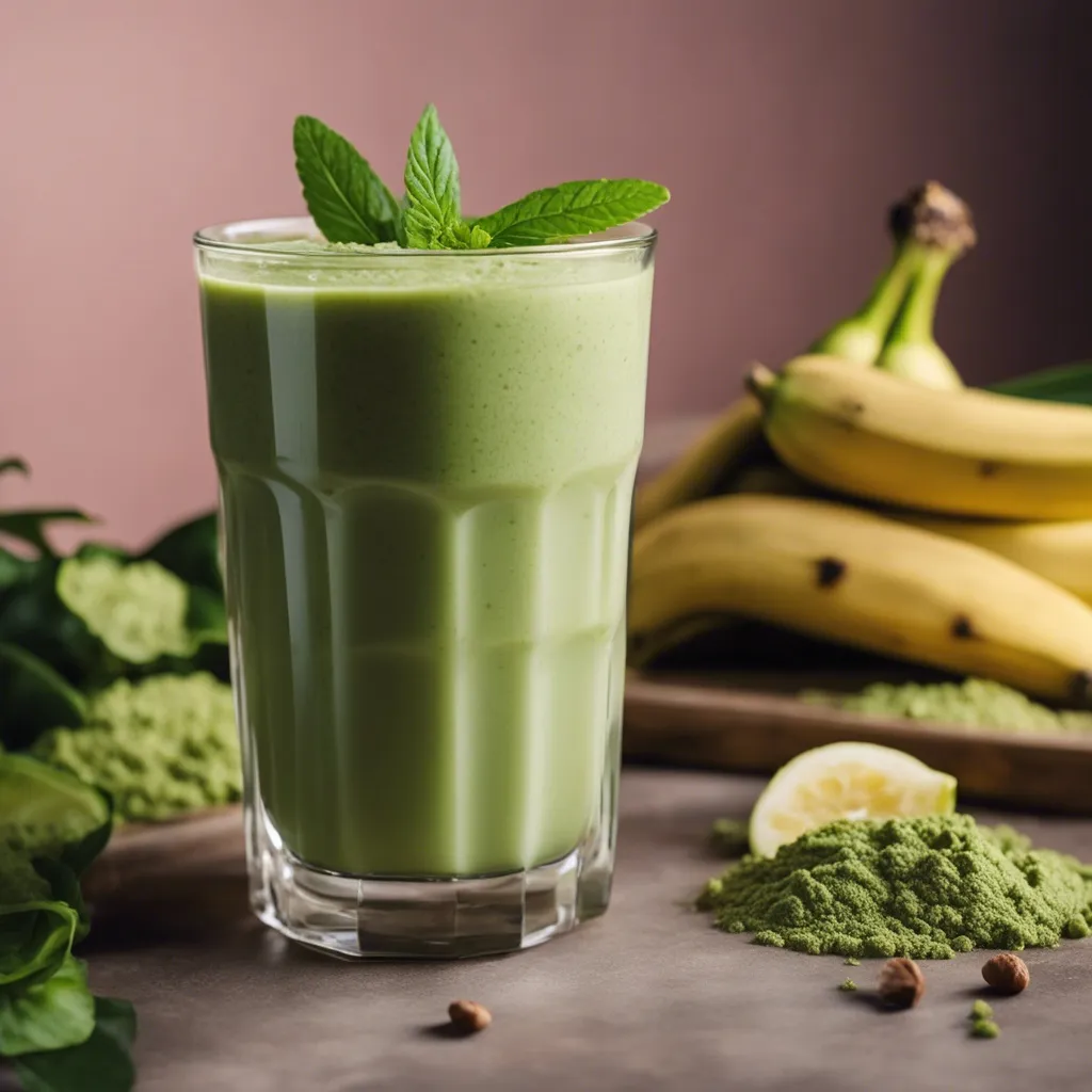 A close up of a banana matcha smoothie with mint for garnish