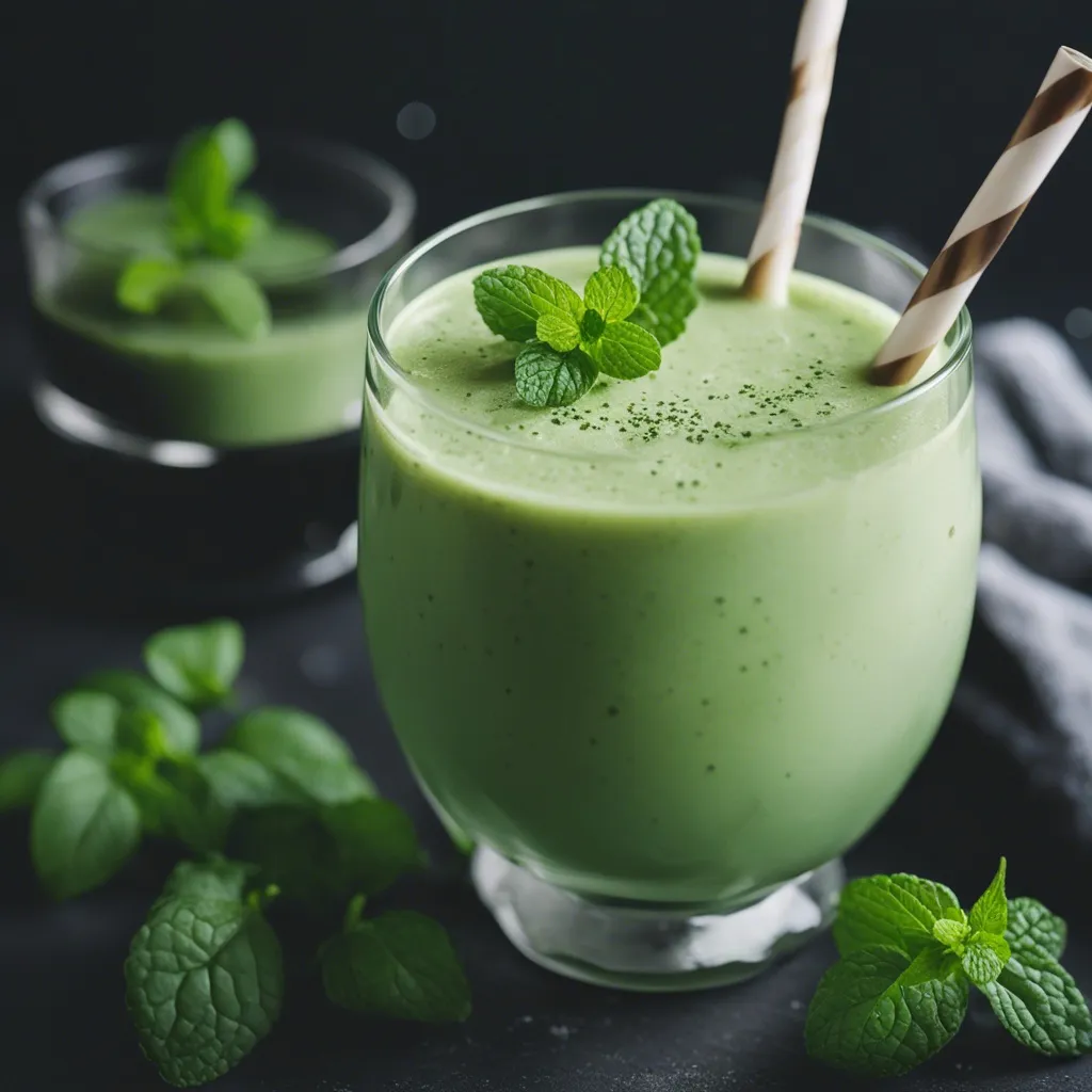 A close up of a glass of banana matcha smoothie with a straw and mint as garnish