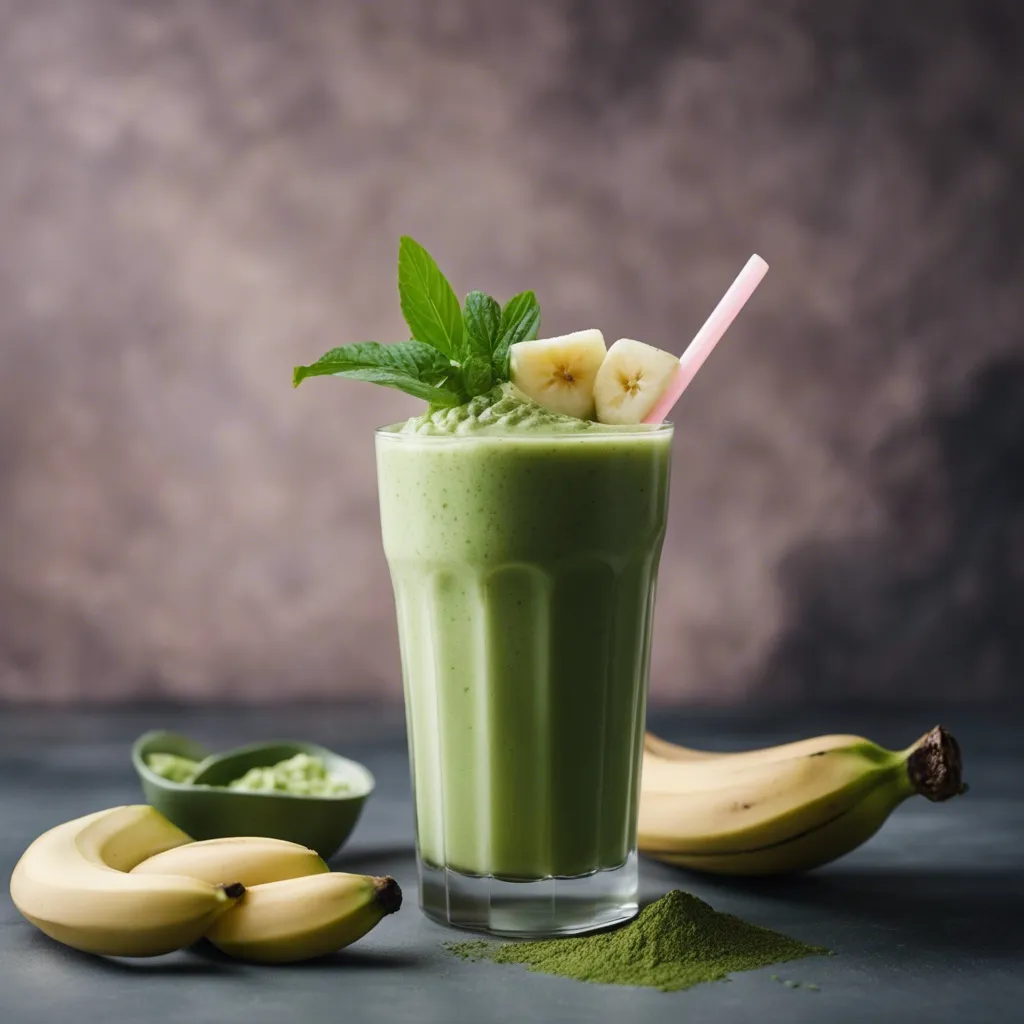 A tall glass of banana matcha smoothie with mint as garnish and slices of banana