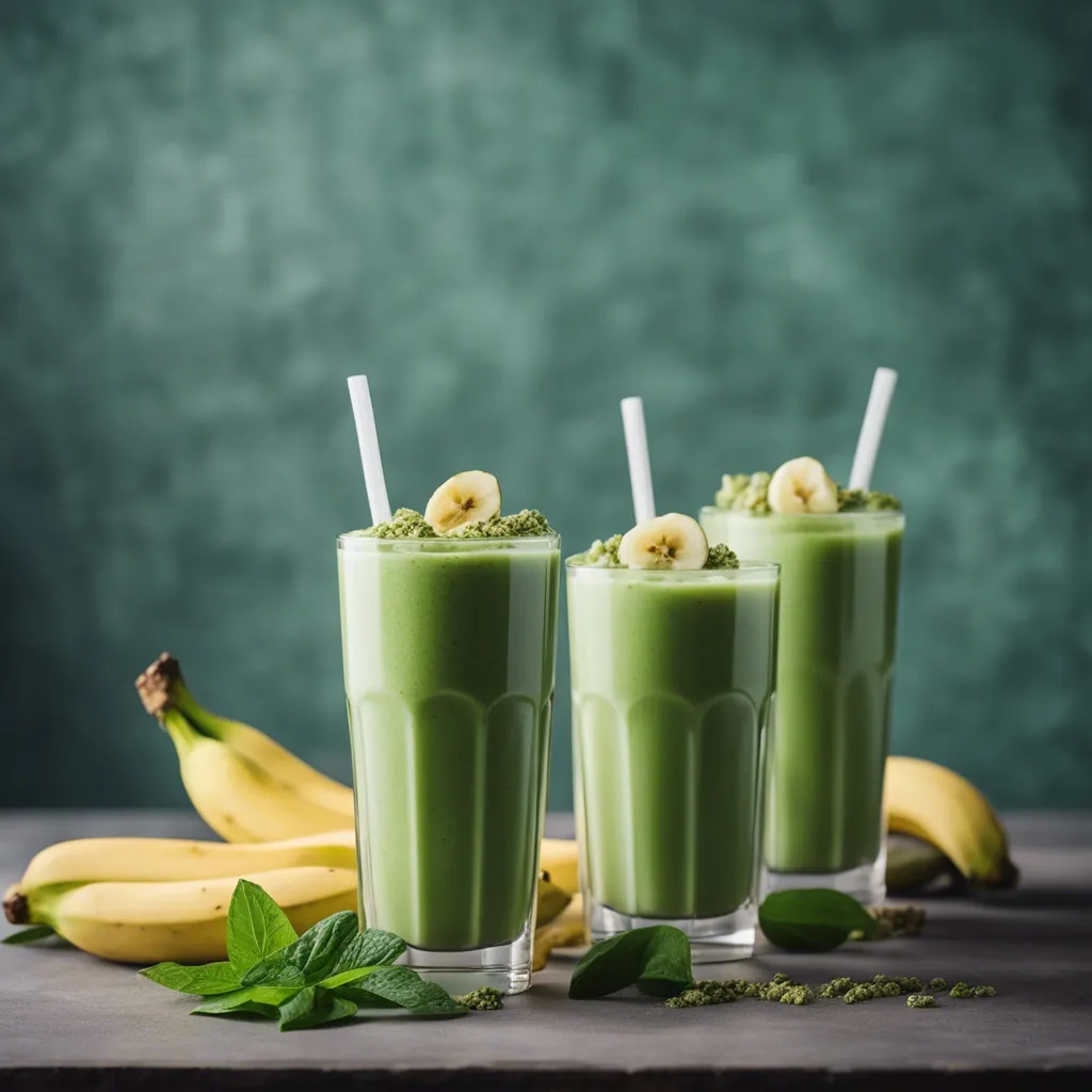 3 glasses of banana matcha smoothie with banana and matcha powder as garnish