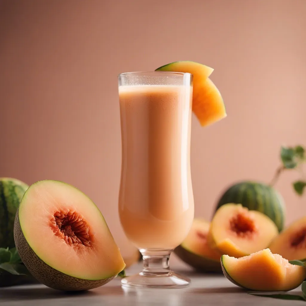 A tall glass of Melon Peach Smoothie garnished with a slice of melon and surrounded by sliced melons.