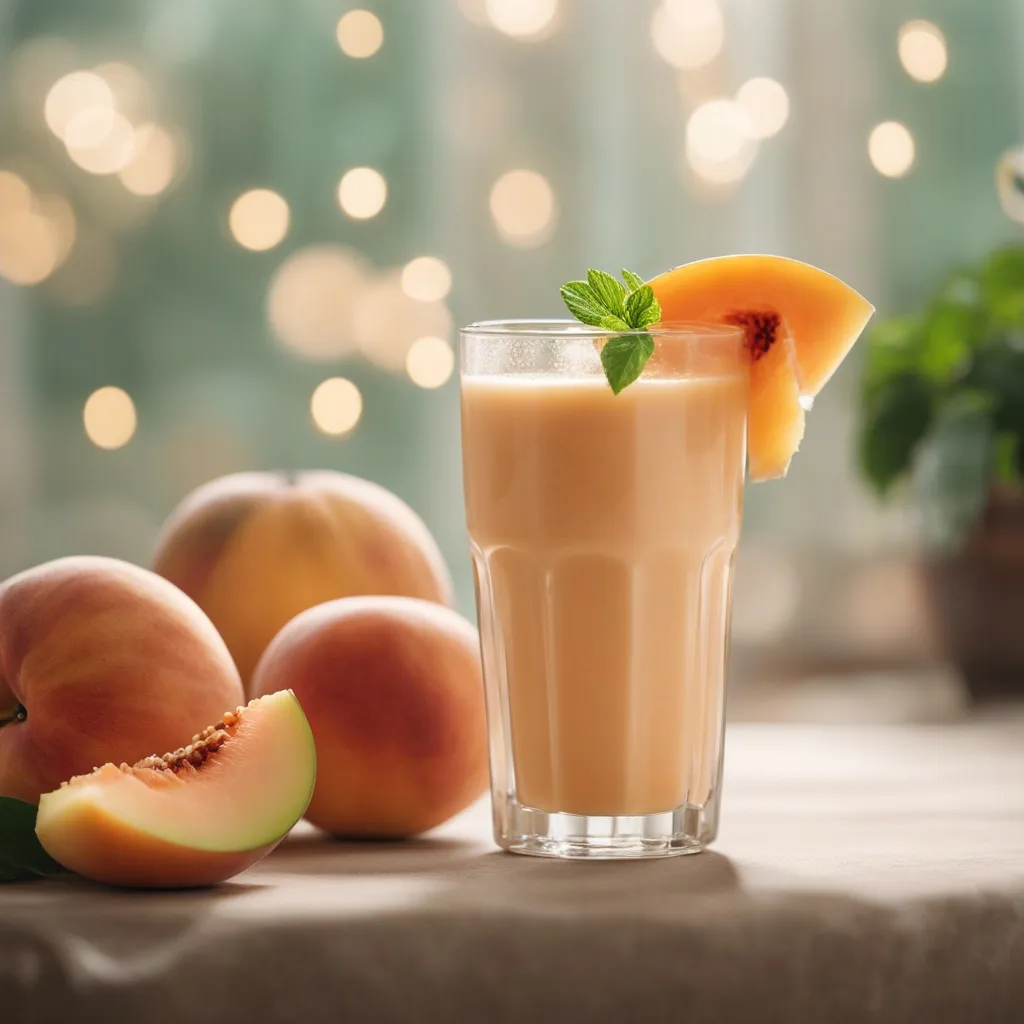 A glass of Melon Peach Smoothie garnished with melon and mint and surrounded by whole melons.