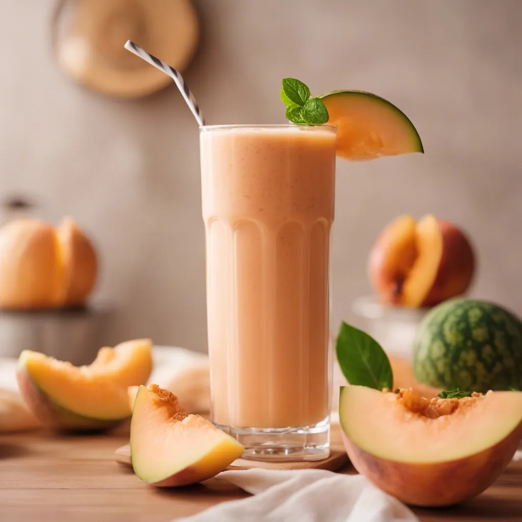 A tall glass of Melon Peach Smoothie garnished with melon and surrounded by whole multiple sliced melons.