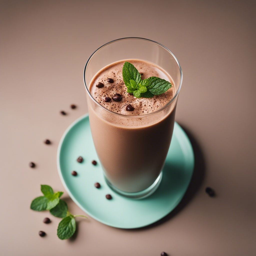 Chilled mint chocolate smoothie in a clear glass with fresh mint on top and coffee beans scattered around on a teal plate