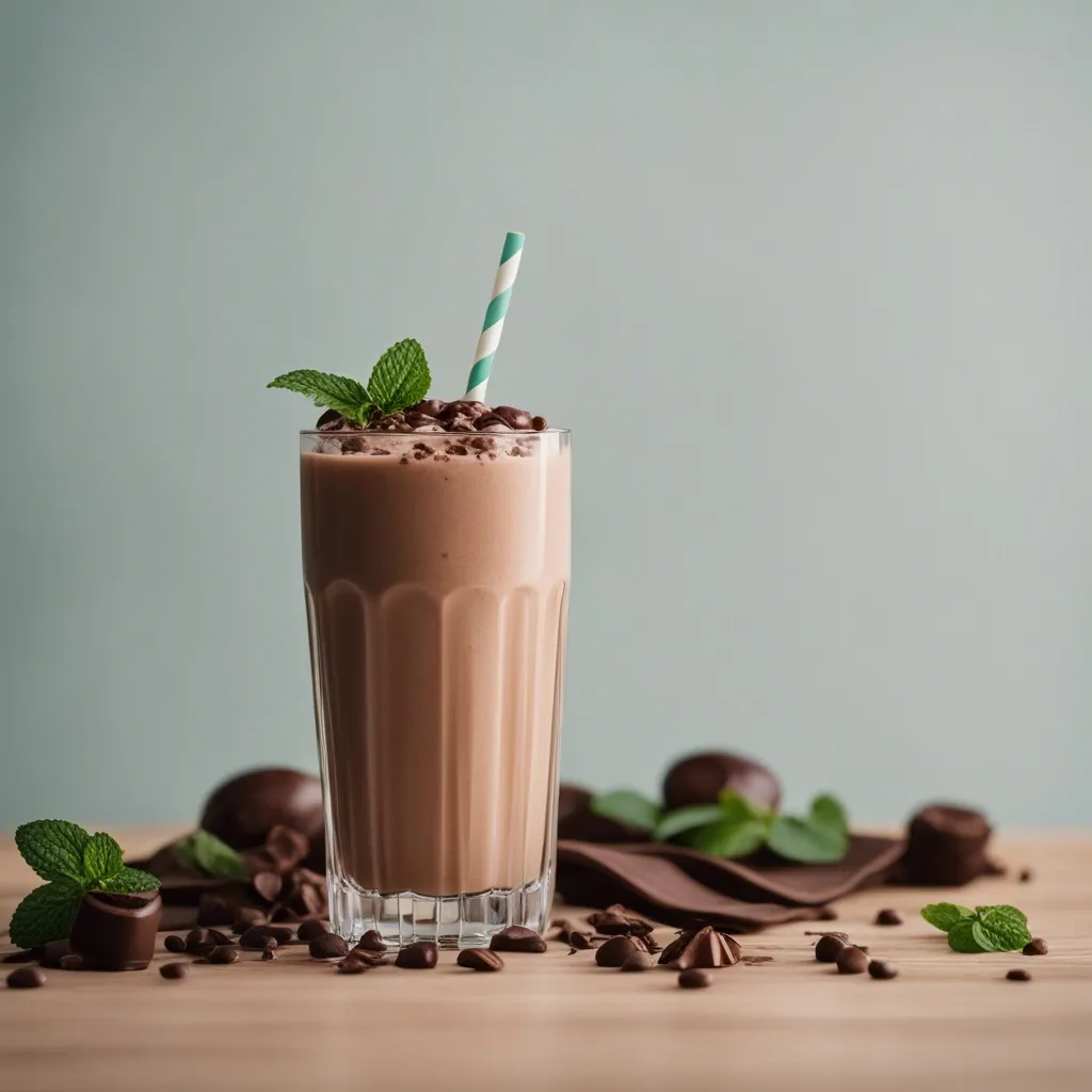 Frothy mint chocolate smoothie in a tall glass with a striped straw, topped with chocolate chips and fresh mint leaves, surrounded by chocolate and mint leaves on a wooden surface