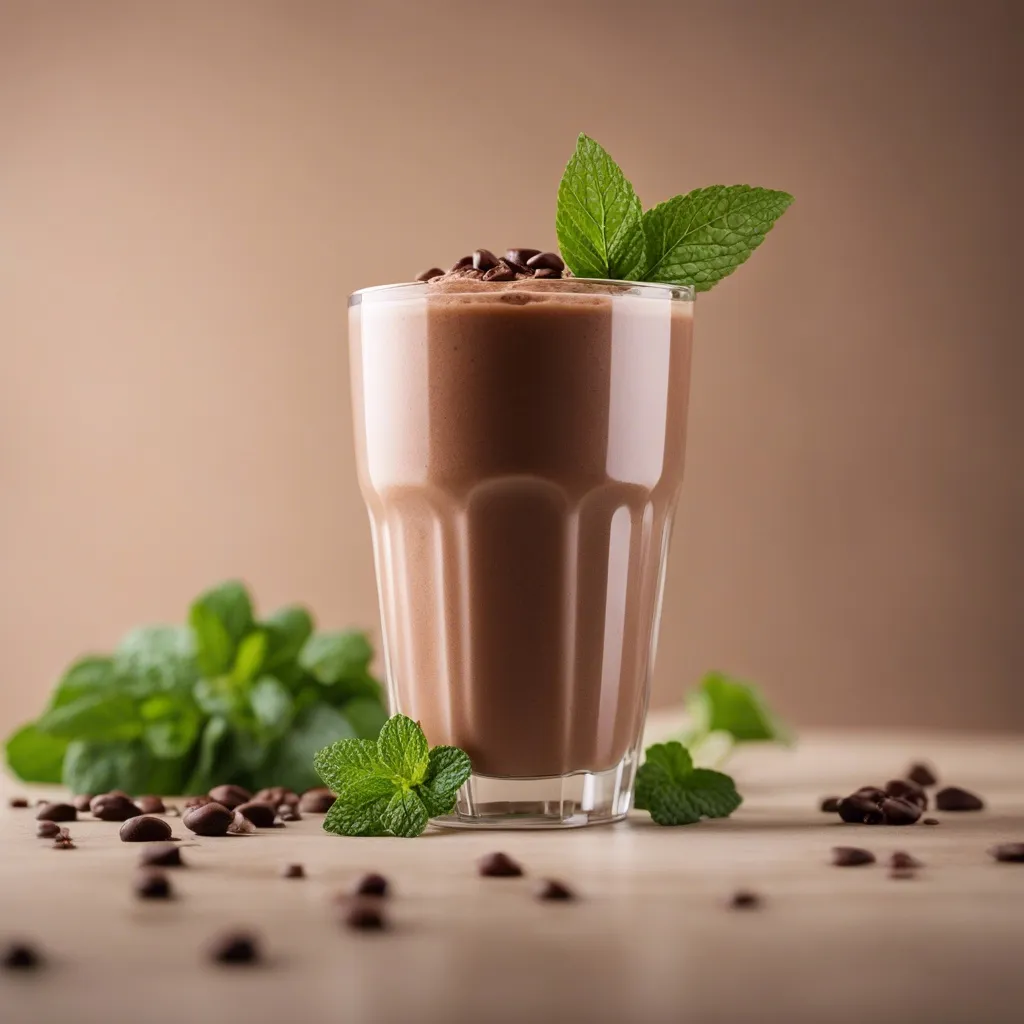 A side view of a mint chocolate smoothie garnished with fresh mint leaves, surrounded by chocolate and mint leaves brown backdrop.