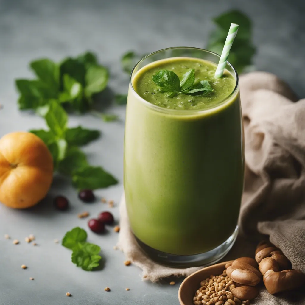 A lovely glass of Miso Smoothie with loose fruits and loose leaves in the background.