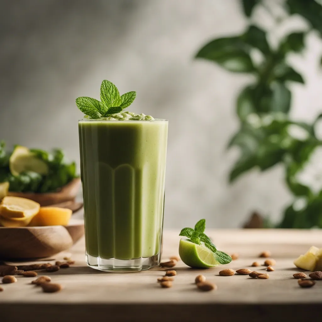 Miso smoothie from a side angle with scattered nuts in the forground and a board of chopped fruits in the background.