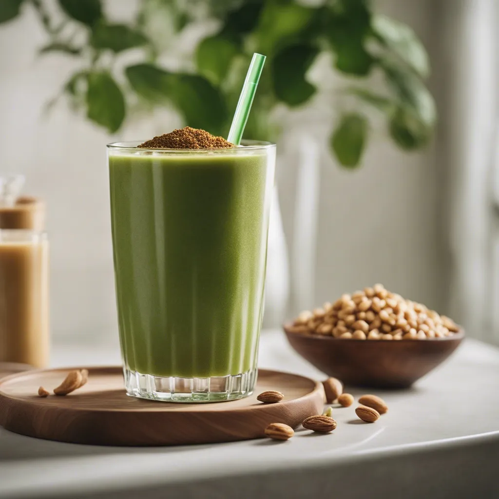 A glass of smoothly blended miso smoothie with a bowl of nuts in the background and a few scattered in the foreground.