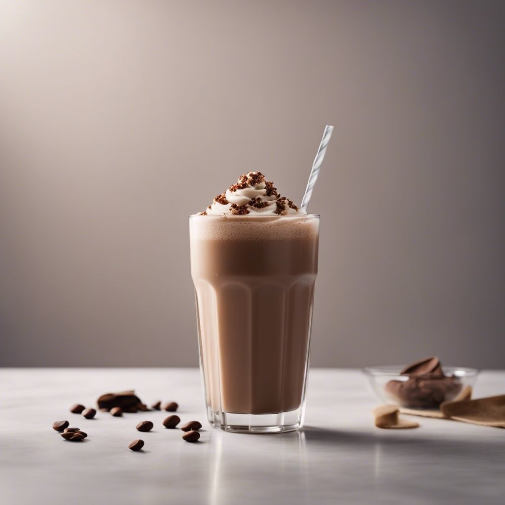 A frothy mocha smoothie topped with whipped cream and chocolate shavings, with a white straw, and coffee beans scattered on the table
