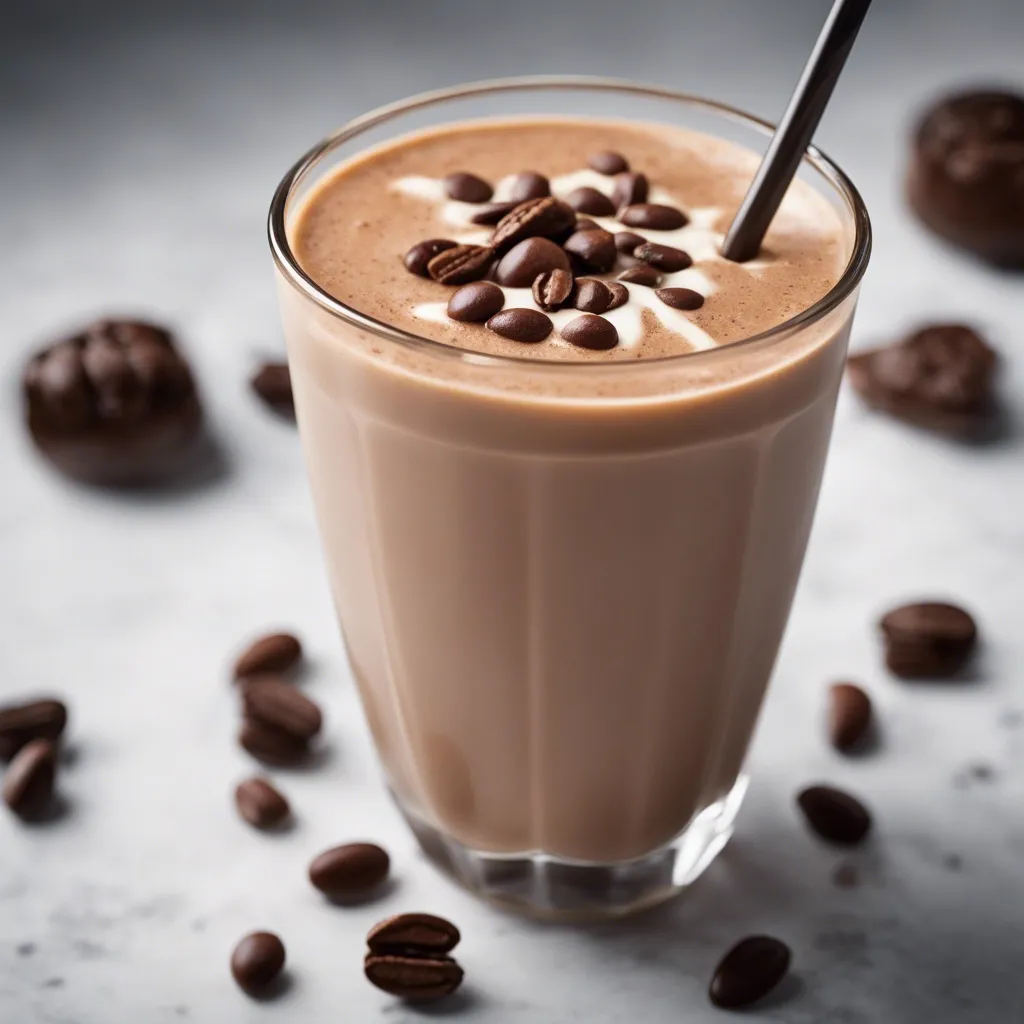 A creamy mocha smoothie in a glass, sprinkled with coffee beans on top, with chocolate truffles and coffee beans on a marble surface