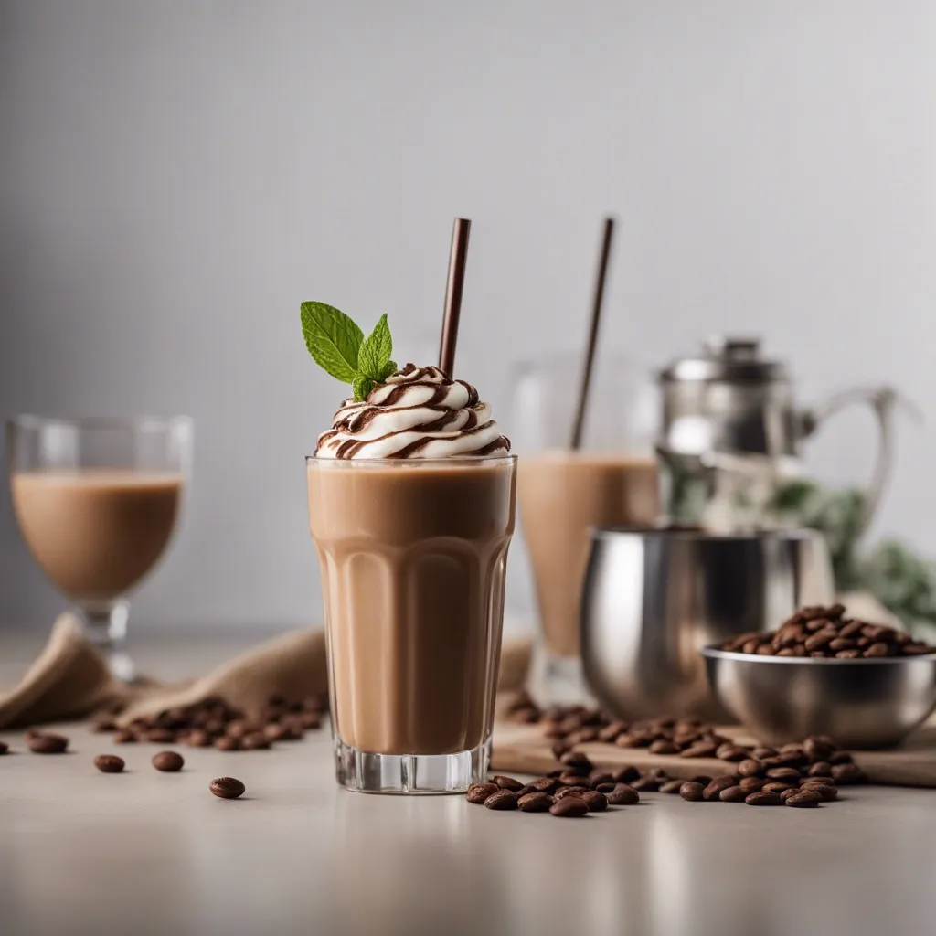 An indulgent mocha smoothie garnished with whipped cream, chocolate syrup, and a mint leaf, with coffee beans and coffee-making equipment in the background