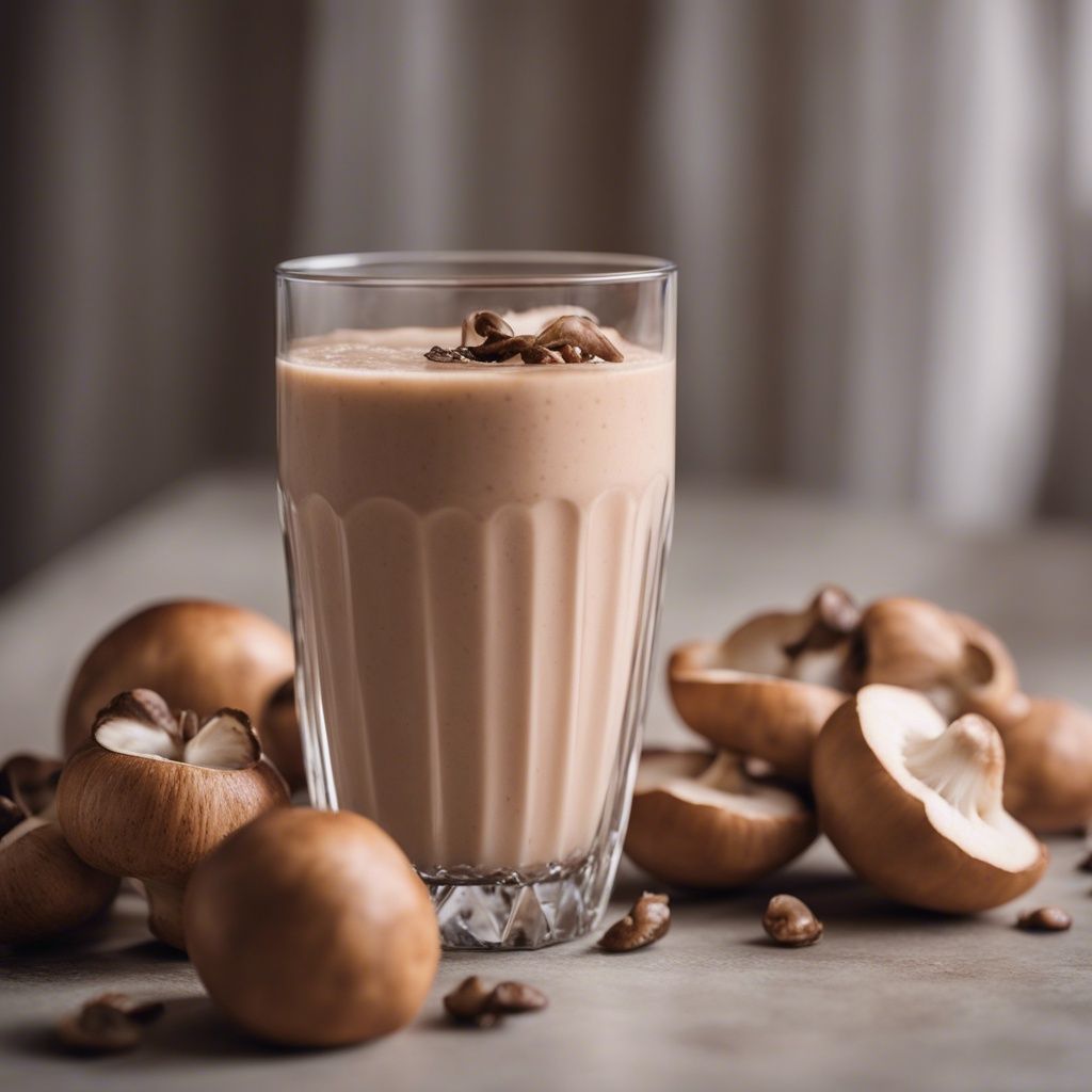 A nutritious mushroom smoothie in a glass, topped with a sprinkle of cinnamon