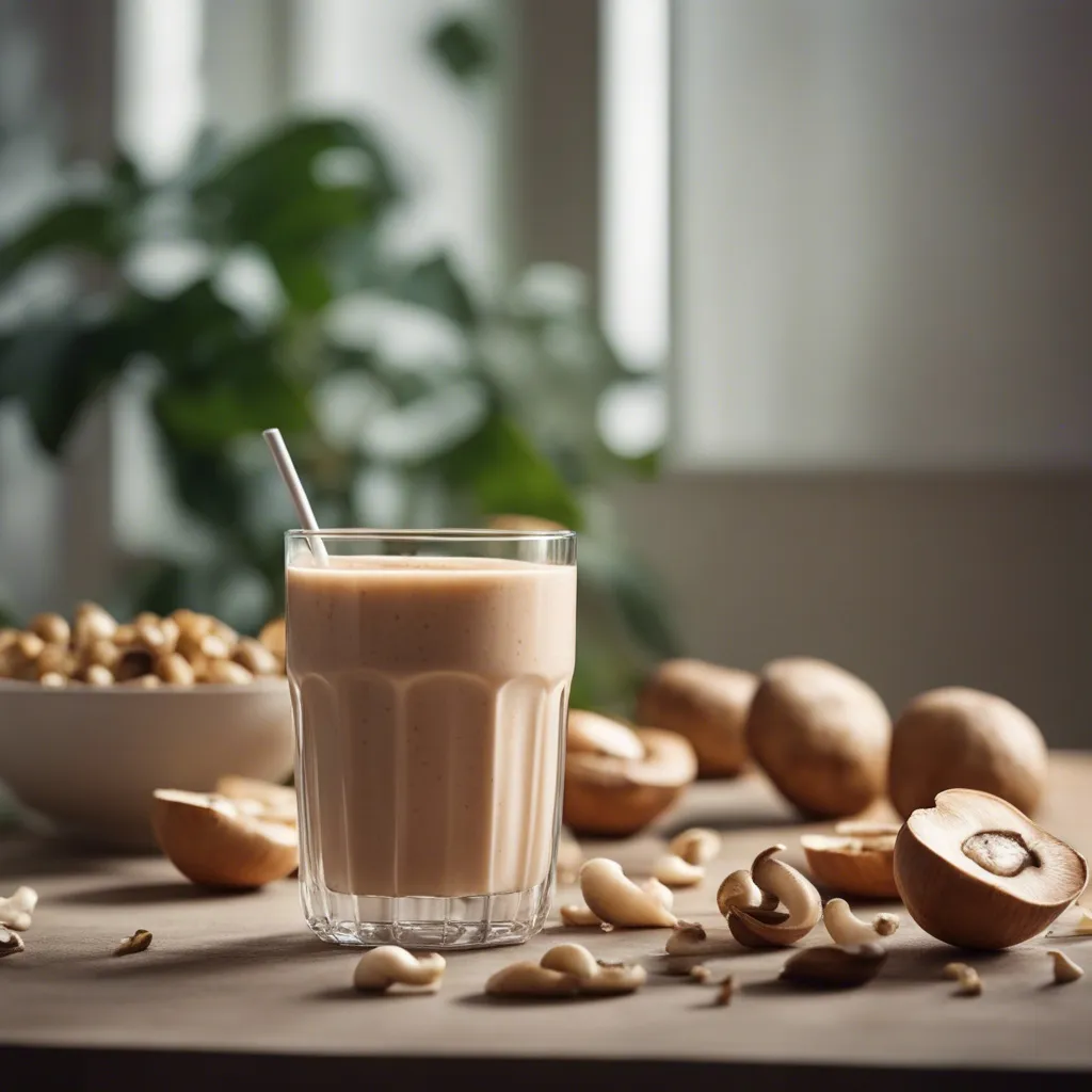 Mushroom smoothie served in a bowl with toppings