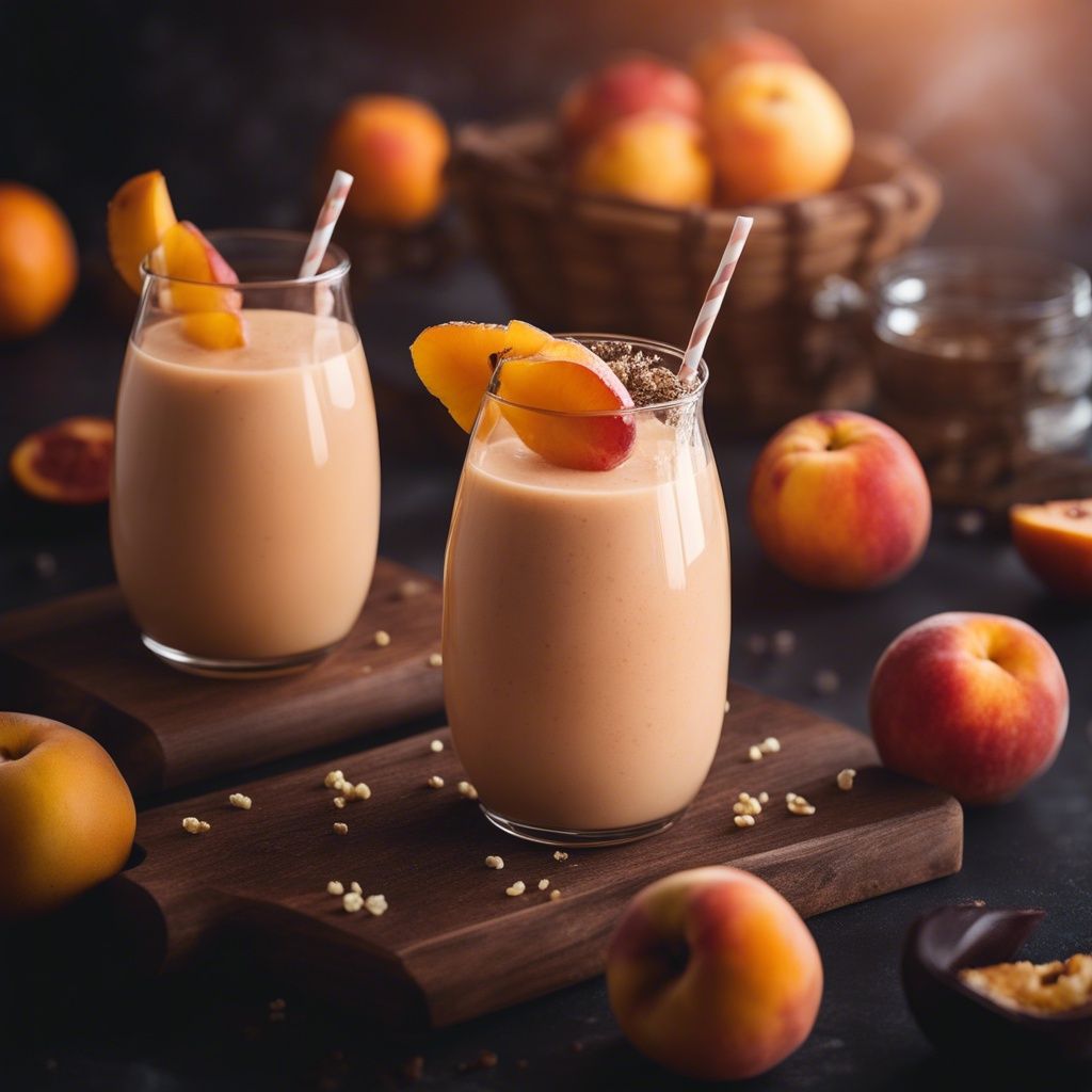 Two glasses of nectarine smoothie garnished with slices of nectarine and surrounded by whole nectarines.