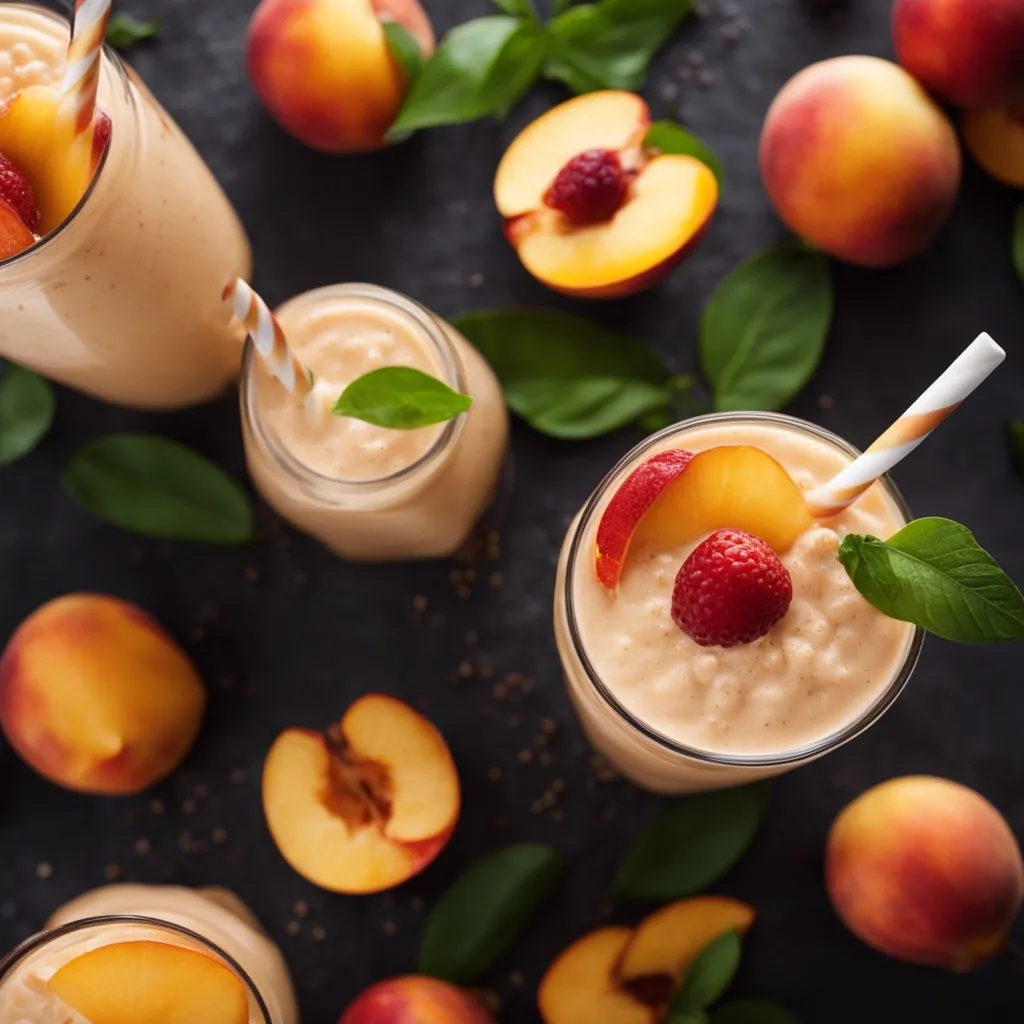 Glasses of nectarine smoothie seen from the top garnished with slices of nectarine and raspberries and surrounded by nectarines.