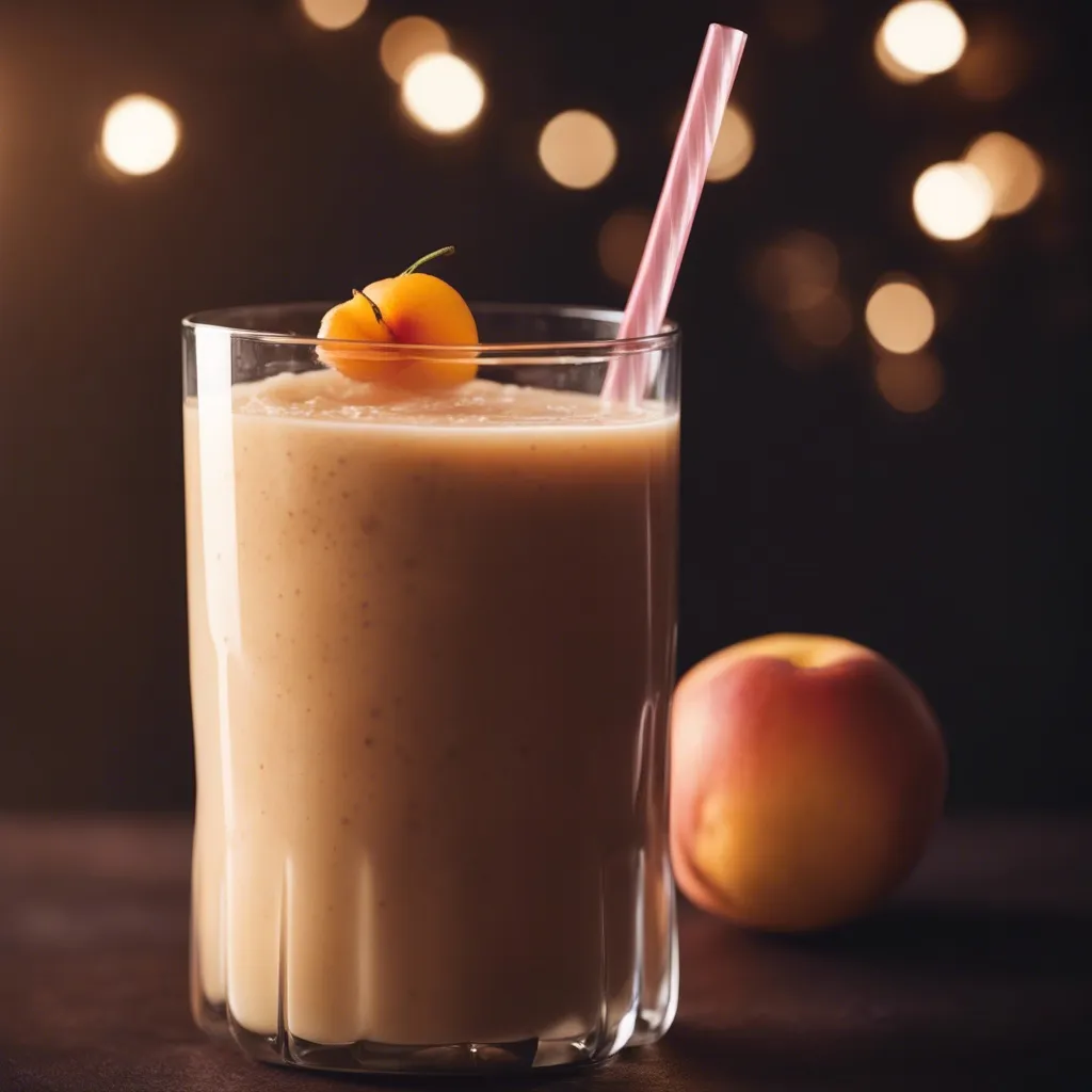 A glass of nectarine smoothie on a simple backdrop with one nectarine in the background.