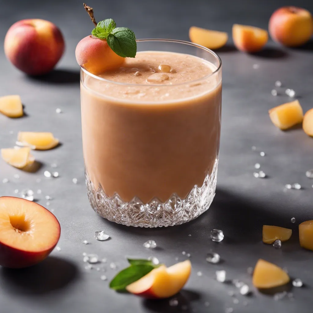 A glass of nectarine smoothie surrounded by small pieces of nectarines.