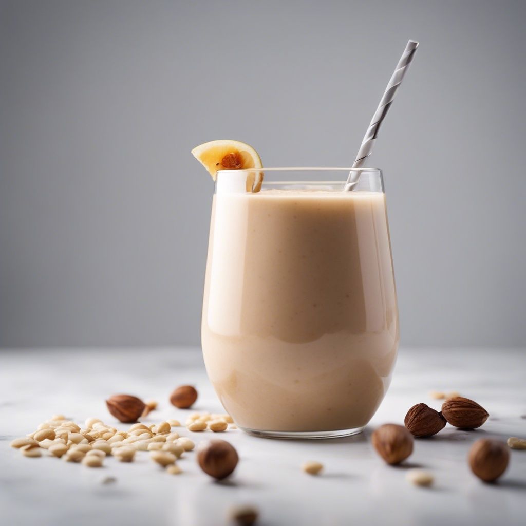 A creamy nut smoothie in a glass with a slice of banana on the rim and a gray striped straw, surrounded by hazelnuts and pine nuts on a marble surface