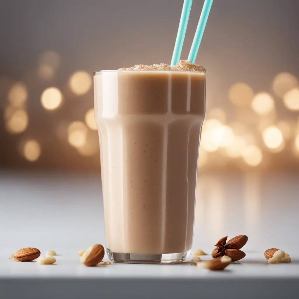 Tall glass of nut smoothie with two turquoise straws, topped with ground nuts, with hazelnuts, pine nuts, and a warm bokeh background