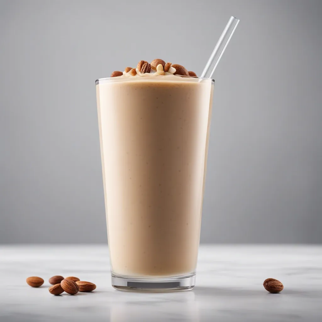 Nut smoothie topped with a heap of mixed nuts in a tall glass with a glass straw, with scattered hazelnuts on a gray background