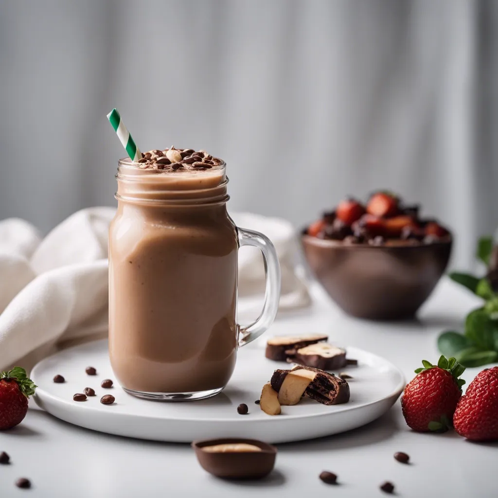 A thick and creamy Nutella protein smoothie in a tall glass, topped with whipped cream and hazelnut pieces