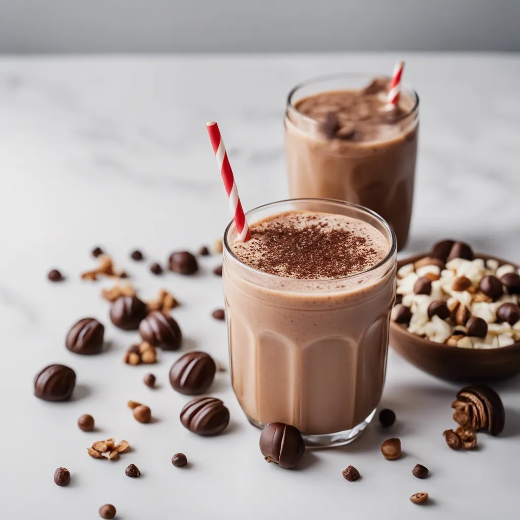 The image shows two glasses of chocolate smoothie with straws, surrounded by scattered coffee beans, nuts, and chocolate candies