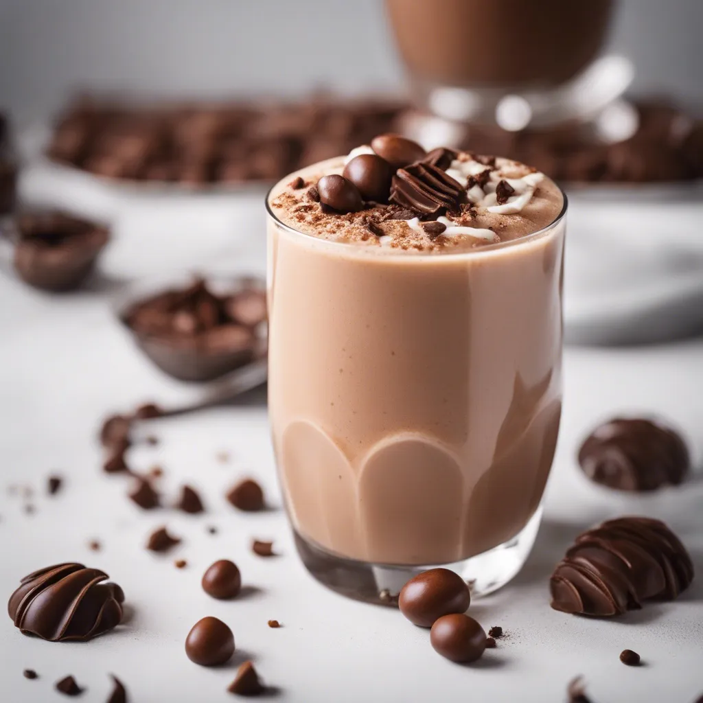 a close-up of a glass of chocolate smoothie topped with whipped cream, chocolate shavings, and whole chocolate candies, with more candies and chocolate pieces scattered around the glass