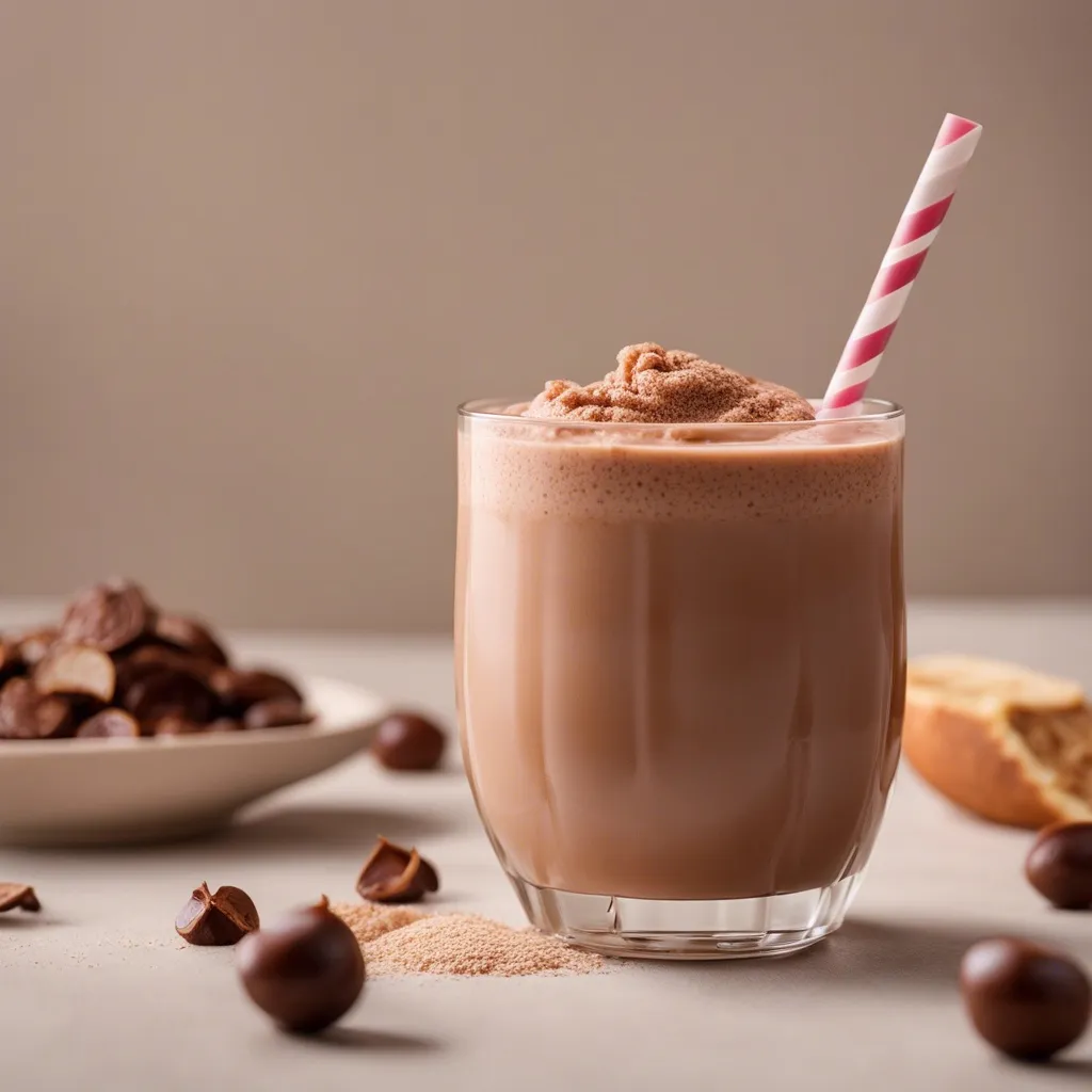 a glass of chocolate smoothie with a frothy top and a pink and white striped straw. The background features a plate with chocolate candies and a sprinkling of cocoa powder. There's also a glimpse of a cookie with a bite taken out of it