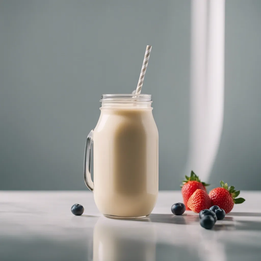 A tall glass of oat milk smoothie with a straw and strawberry as garnish