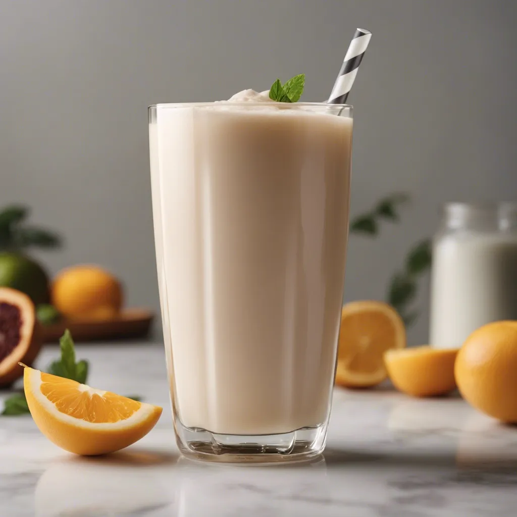 A close up of a glass of oat milk smoothie with mint as garnish