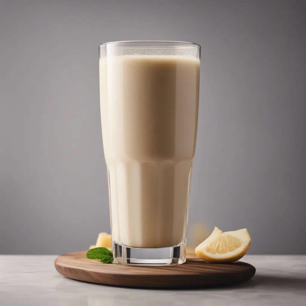 A close up of a tall glass of oat milk smoothie on a wooden chopping board