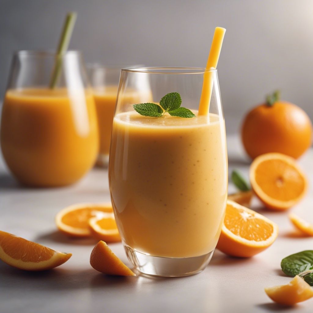 Two refreshing orange juice smoothies garnished with mint leaves and surrounded by fresh oranges.