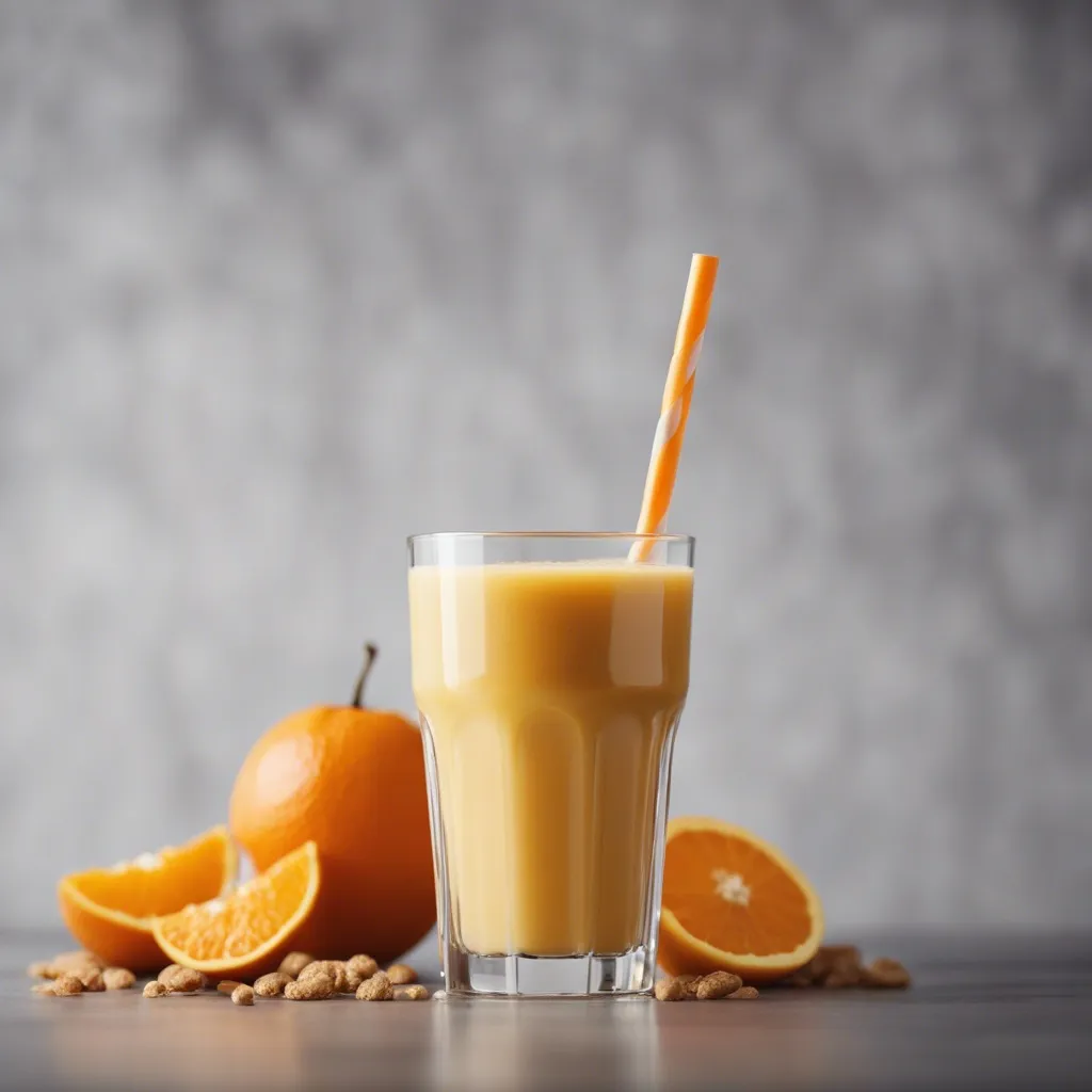 A tall glass of Orange Juice Smoothie with an orange straw and surrounded by oranges.