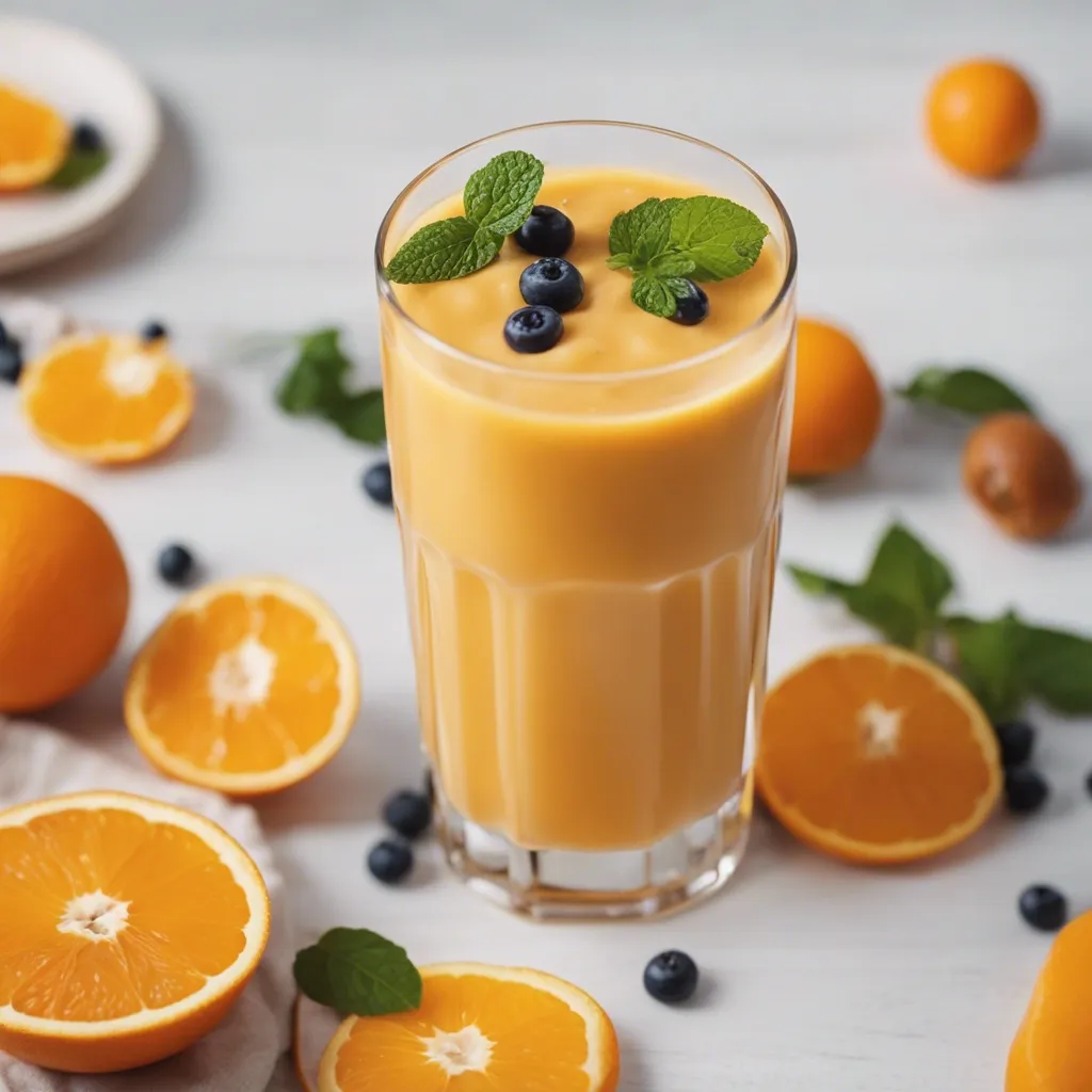 A glass of Orange Juice Smoothie garnished with blueberries and mint leaves and surrounded by oranges and mint.