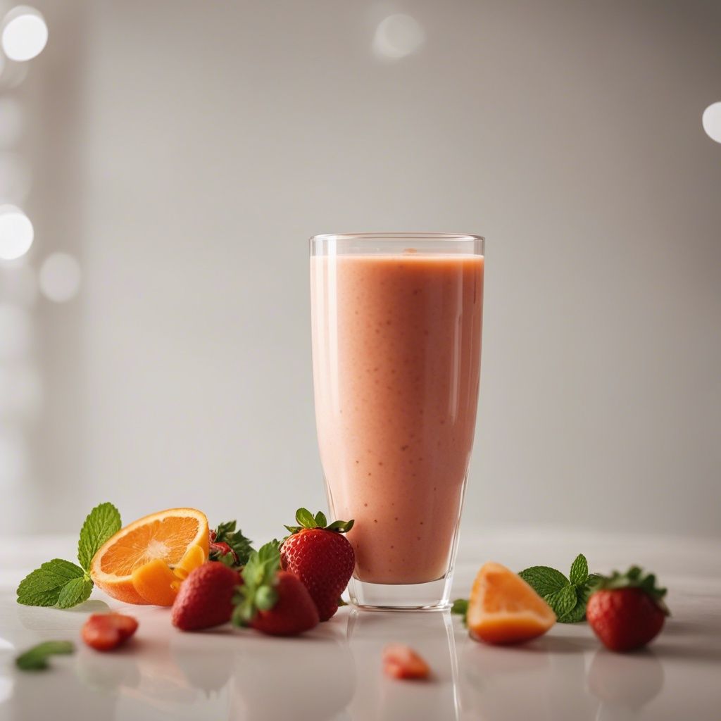 A tall glass filled with an orange strawberry smoothie placed on a white surface, with fresh strawberries, mint leaves, and orange segments arranged around it, and soft lighting in the background.