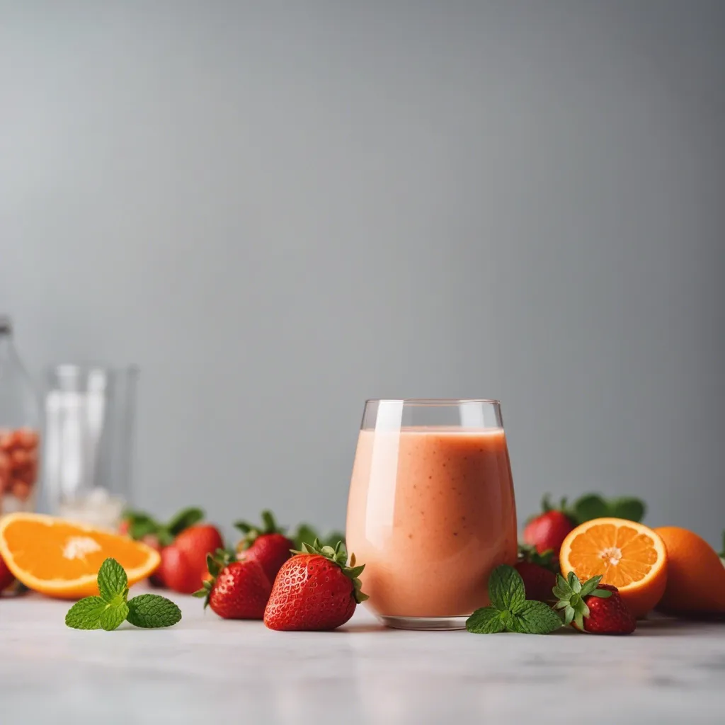 A smooth and creamy orange strawberry smoothie in a stemless glass, surrounded by whole strawberries, mint leaves, and orange slices on a light surface with a neutral backdrop.