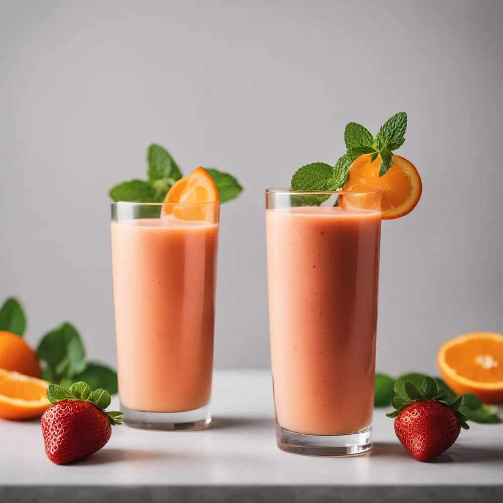 Two tall glasses of orange strawberry smoothie, each garnished with an orange slice and a mint leaf, flanked by fresh strawberries on a light tabletop against a grey background.