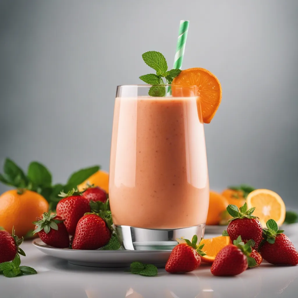 An orange strawberry smoothie in a glass with a green striped straw, garnished with an orange slice and mint leaf, presented on a plate surrounded by strawberries and orange segments against a soft-focus background.