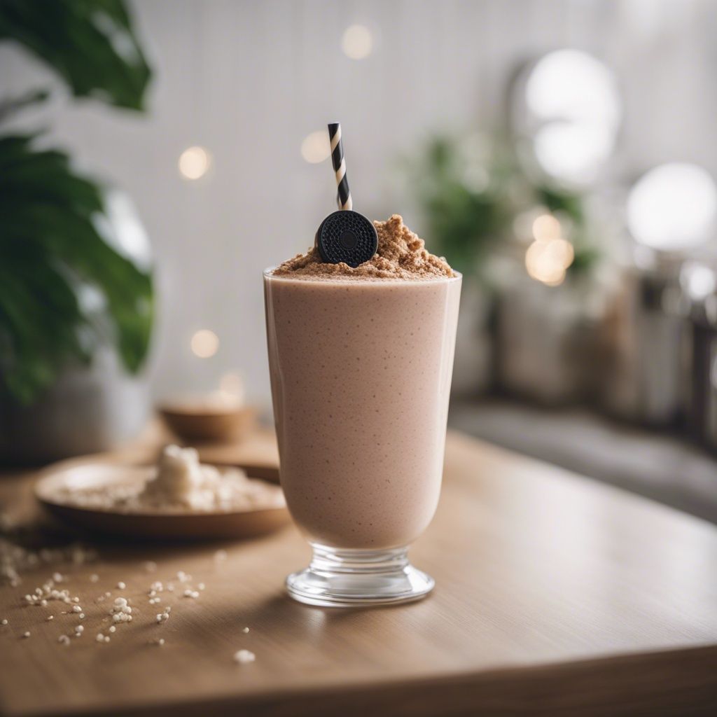An indulgent, delicious Oreo Smoothie in a milkshake glass topped with crumbled biscuit and a whole dark cookie on the top. The glass sits on an elegant kitchen counter, and there's a black and white lollipop straw in the glass.