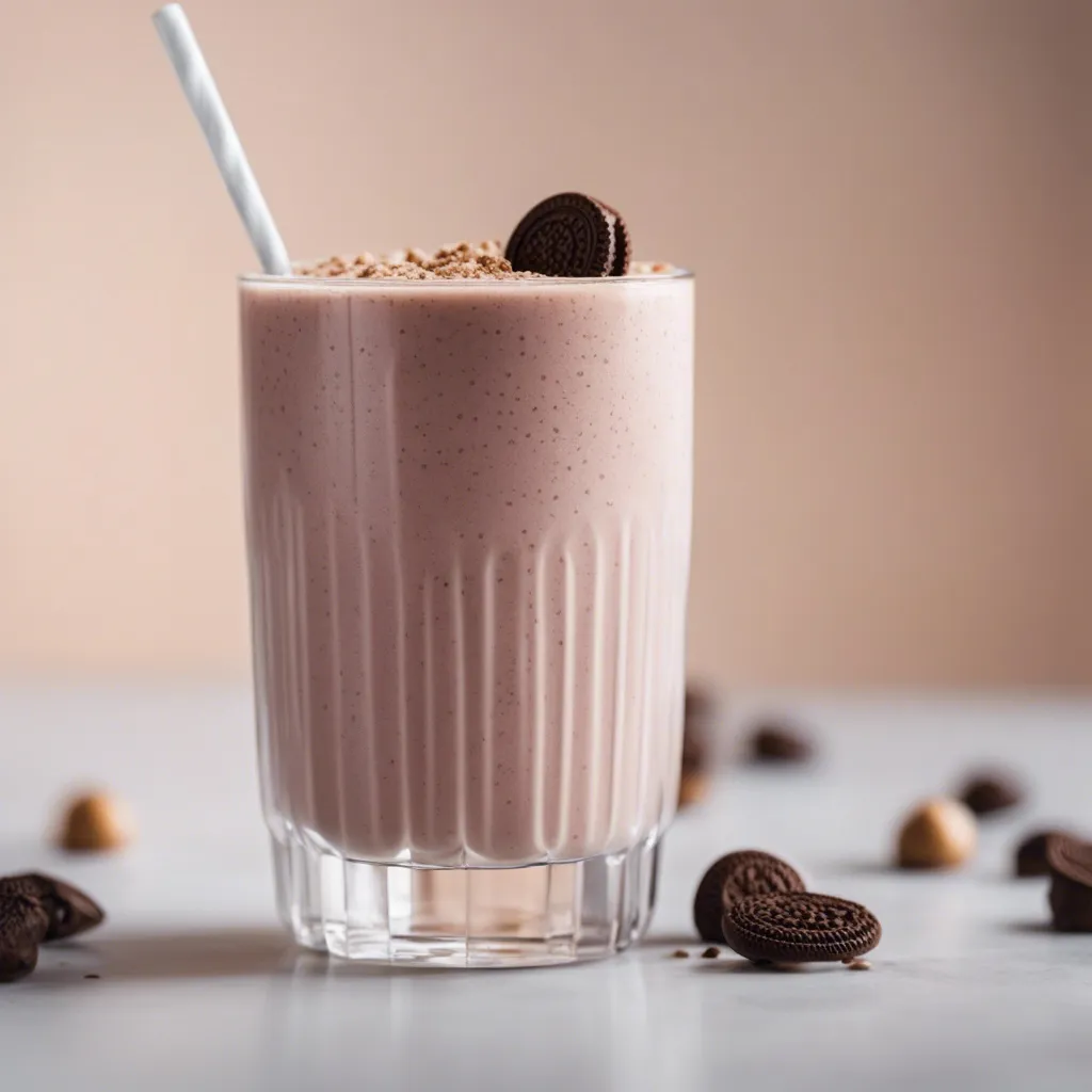 A glass of Oreo Smoothie topped with a whole dark cookie and other bits of cookie scattered around the glass.