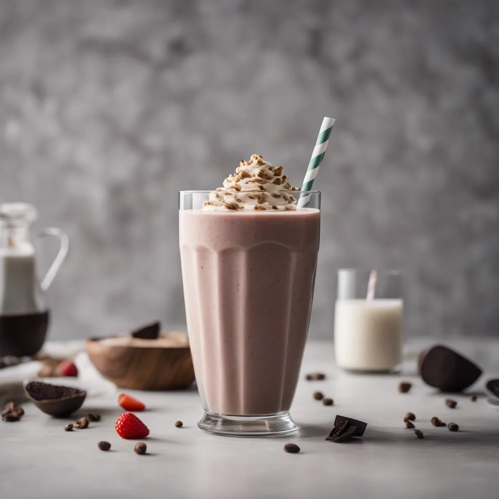 A glass of Oreo Smoothie with a serving of whipped cream on top and a green and white straw in the glass. The smoothie is surrounded by bits of chocolate, a couple of berries and a glas of milk.