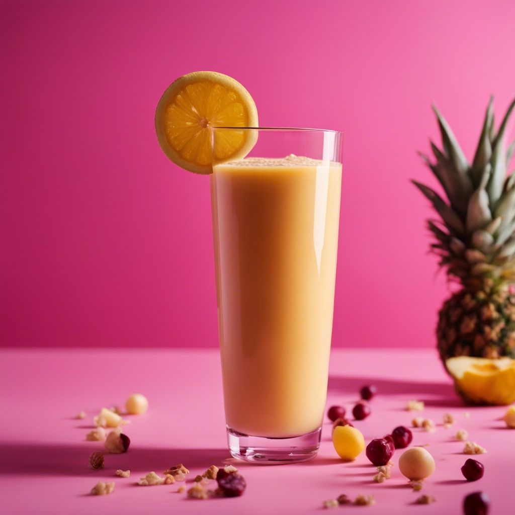 A vibrant papaya pineapple smoothie in a tall glass, garnished with a slice of pineapple