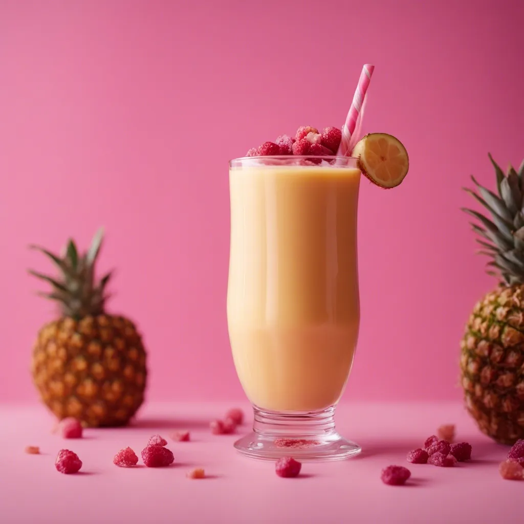 A papaya and pineapple smoothie with pineapple and raspberries on a pink background