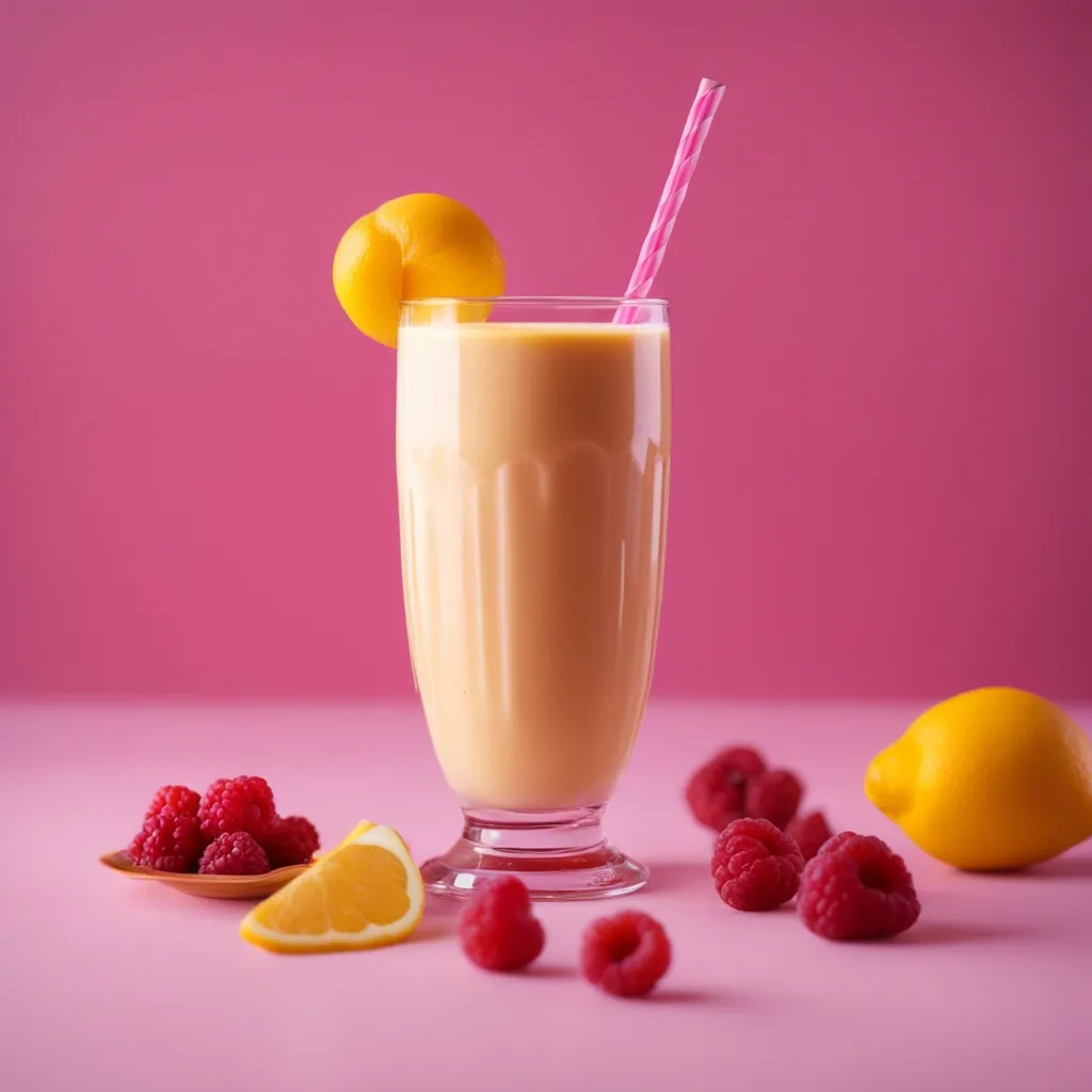 A creamy papaya and pineapple smoothie with a lemon slice and raspberries on a pink background