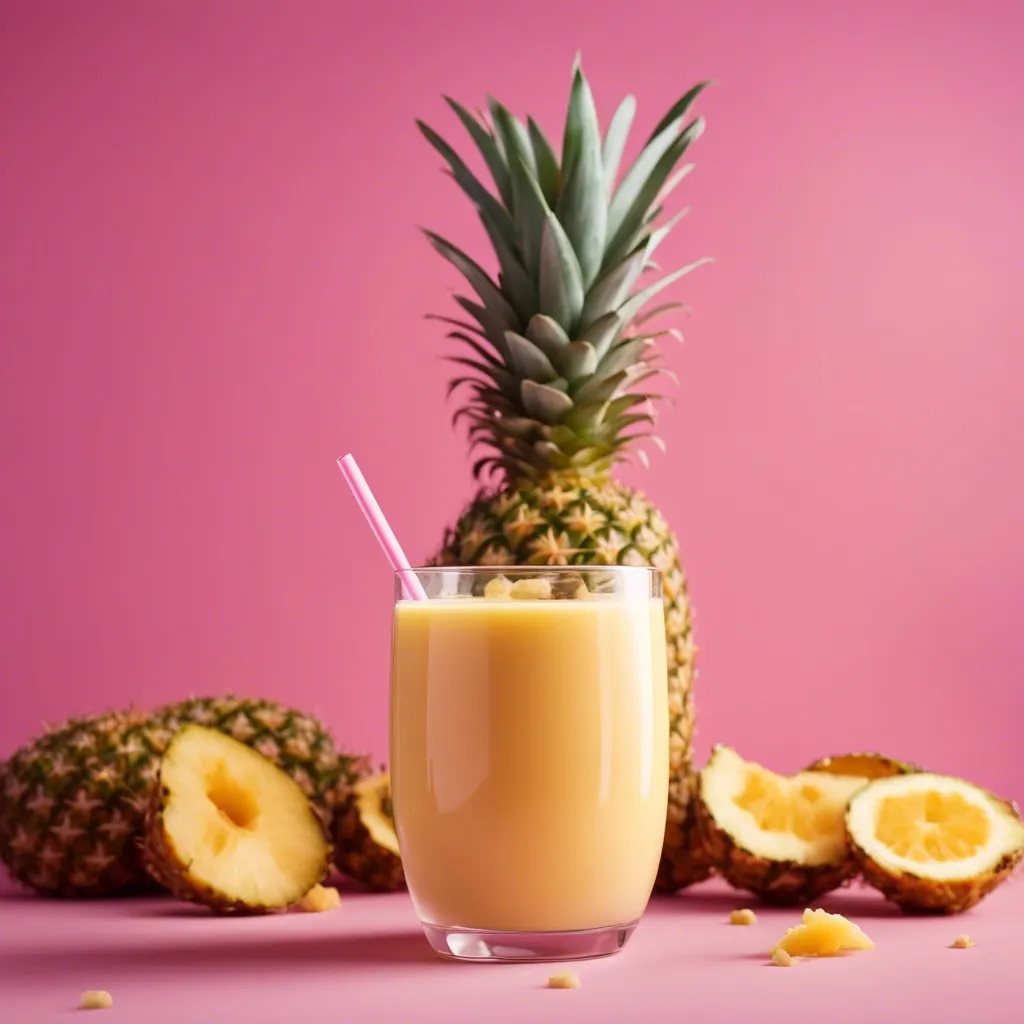 A glass of papaya and pineapple smoothie with whole and cut pineapples in the background on a pink surface