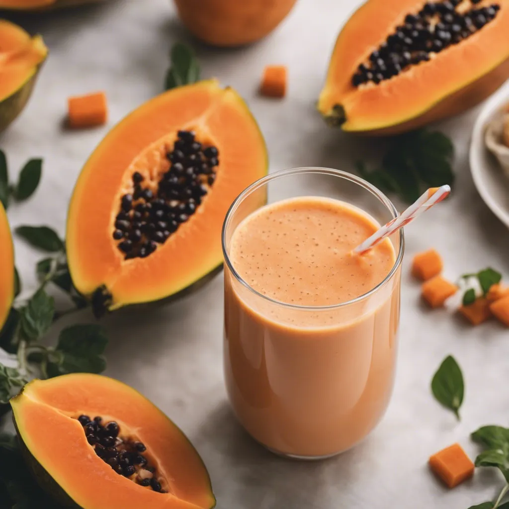 A vibrant papaya smoothie in a glass with papaya surrounding it.