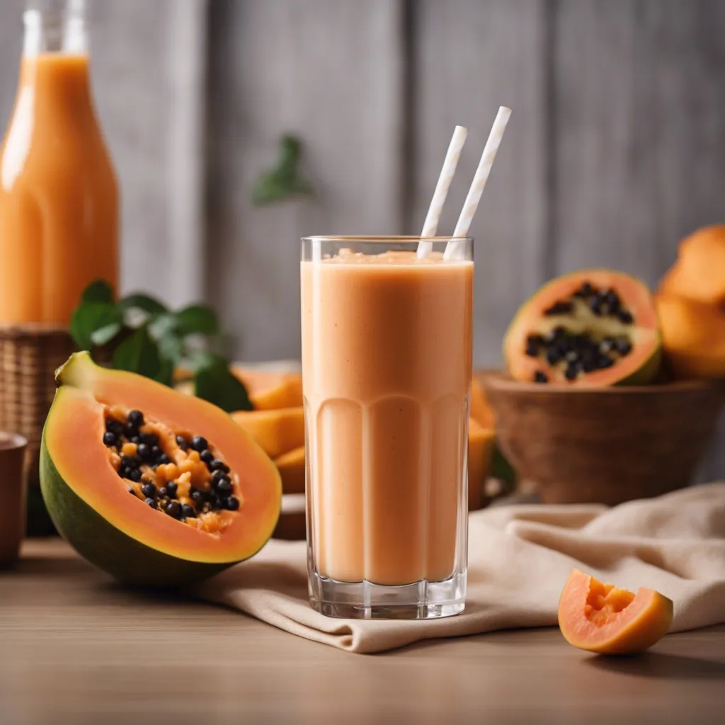 A vibrant papaya smoothie in a glass with a straw and papaya in the foreground